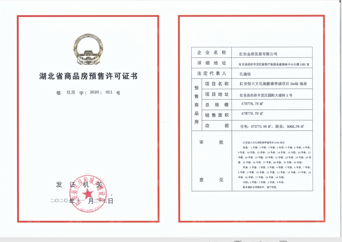 武汉恒大世纪梦幻城预售许可证